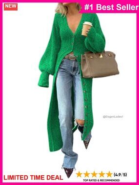 Chunky Cable Knit Long Duster Cardigan Button Down Bell Sleeve Maxi Sweater